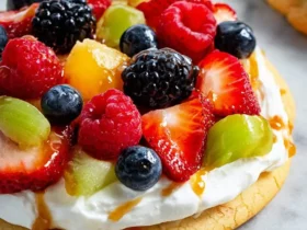 A mini sugar cookie fruit pizza topped with creamy frosting, fresh strawberries, blueberries, raspberries, blackberries, grapes, and a caramel drizzle.