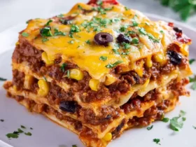 Taco lasagna 50 A slice of layered taco lasagna topped with melted cheese, olives, and fresh cilantro on a white plate.