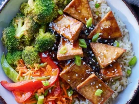 Teriyaki Tofu Bowl with crispy tofu, broccoli, vegetables, and rice topped with sesame seeds and green onions.