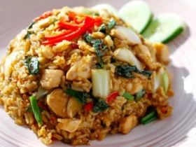 Thai basil chicken fried rice 57 A plate of Thai basil chicken fried rice topped with red chili slices and served with cucumber.