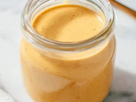 Creamy Thai peanut sauce in a glass jar on a marble surface with a spoon in the background.