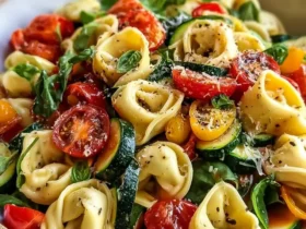 Tortellini with summer vegetables 46 A bowl of Tortellini with summer vegetables featuring fresh tomatoes, zucchini, and basil.