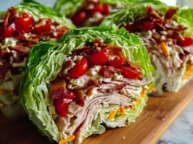 Turkey Club Lettuce Wraps 37 Four Turkey Club Lettuce Wraps stacked with turkey, bacon, tomatoes, and cheese on a wooden board.