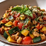 Turkey Zucchini Skillet with ground turkey, diced zucchini, tomatoes, and fresh basil topped with parmesan cheese.