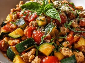 Turkey Zucchini Skillet with ground turkey, diced zucchini, tomatoes, and fresh basil topped with parmesan cheese.