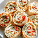 Colorful Veggie Pizza Pinwheels arranged on a white plate, showing spiral layers of cream cheese, peppers, and herbs.