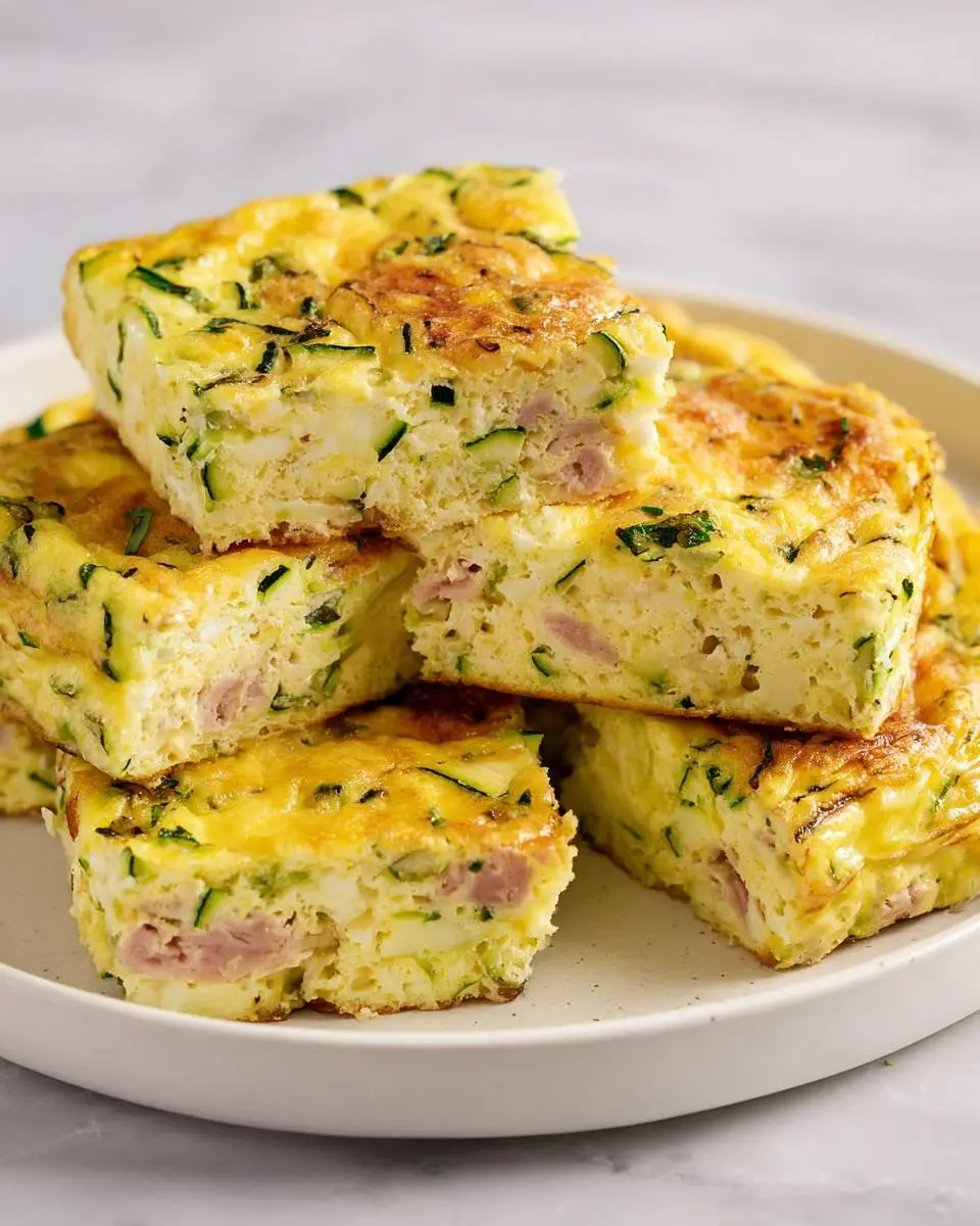 Zucchini egg bake 28 Stacked squares of golden zucchini egg bake with ham and herbs on a white plate.