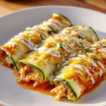 Three zucchini enchiladas topped with melted cheese, sour cream drizzle, and fresh herbs on a white plate.