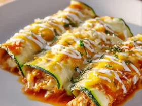 Three zucchini enchiladas topped with melted cheese, sour cream drizzle, and fresh herbs on a white plate.