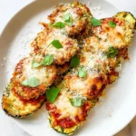 Baked Zucchini Parmesan boats topped with melted cheese, marinara sauce, and fresh basil on a white plate.