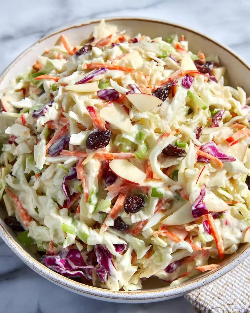 Creamy apple coleslaw with shredded cabbage, carrots, sliced almonds, and dried cranberries in a bowl.