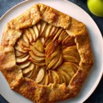 Golden-brown apple galette with neatly arranged apple slices on a white plate.