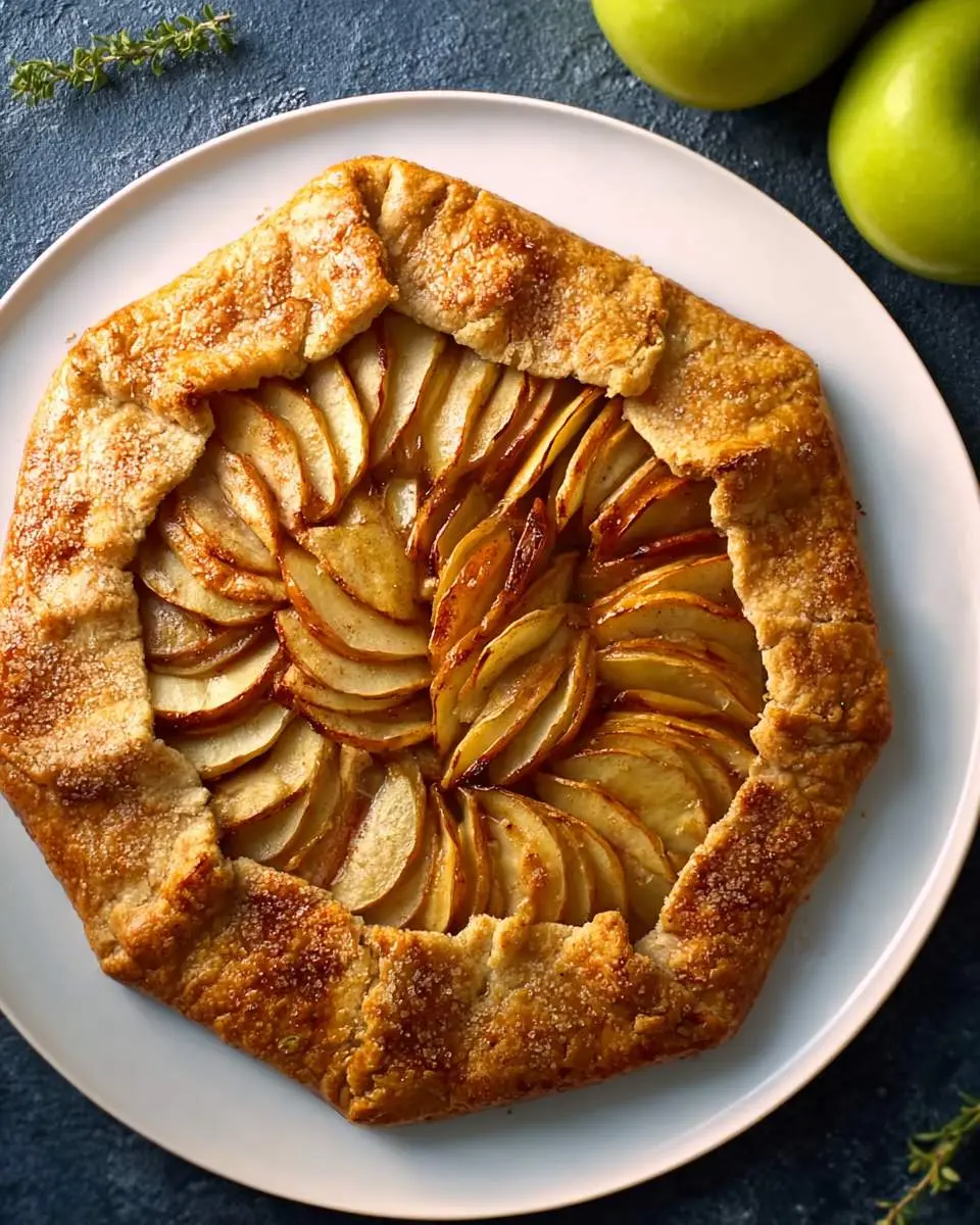 Golden-brown apple galette with neatly arranged apple slices on a white plate.