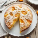 A round Apricot Almond Cake on a white plate with one slice removed, topped with sliced almonds and powdered sugar.