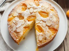 Apricot Almond Cake 52 A round Apricot Almond Cake on a white plate with one slice removed, topped with sliced almonds and powdered sugar.