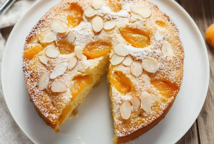 A round Apricot Almond Cake on a white plate with one slice removed, topped with sliced almonds and powdered sugar.
