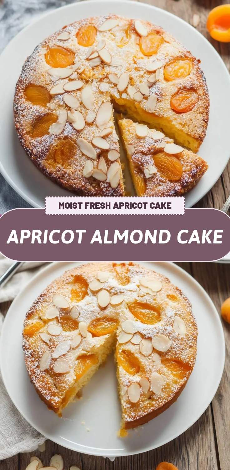 Golden apricot almond cake sliced and ready to serve on a wooden board