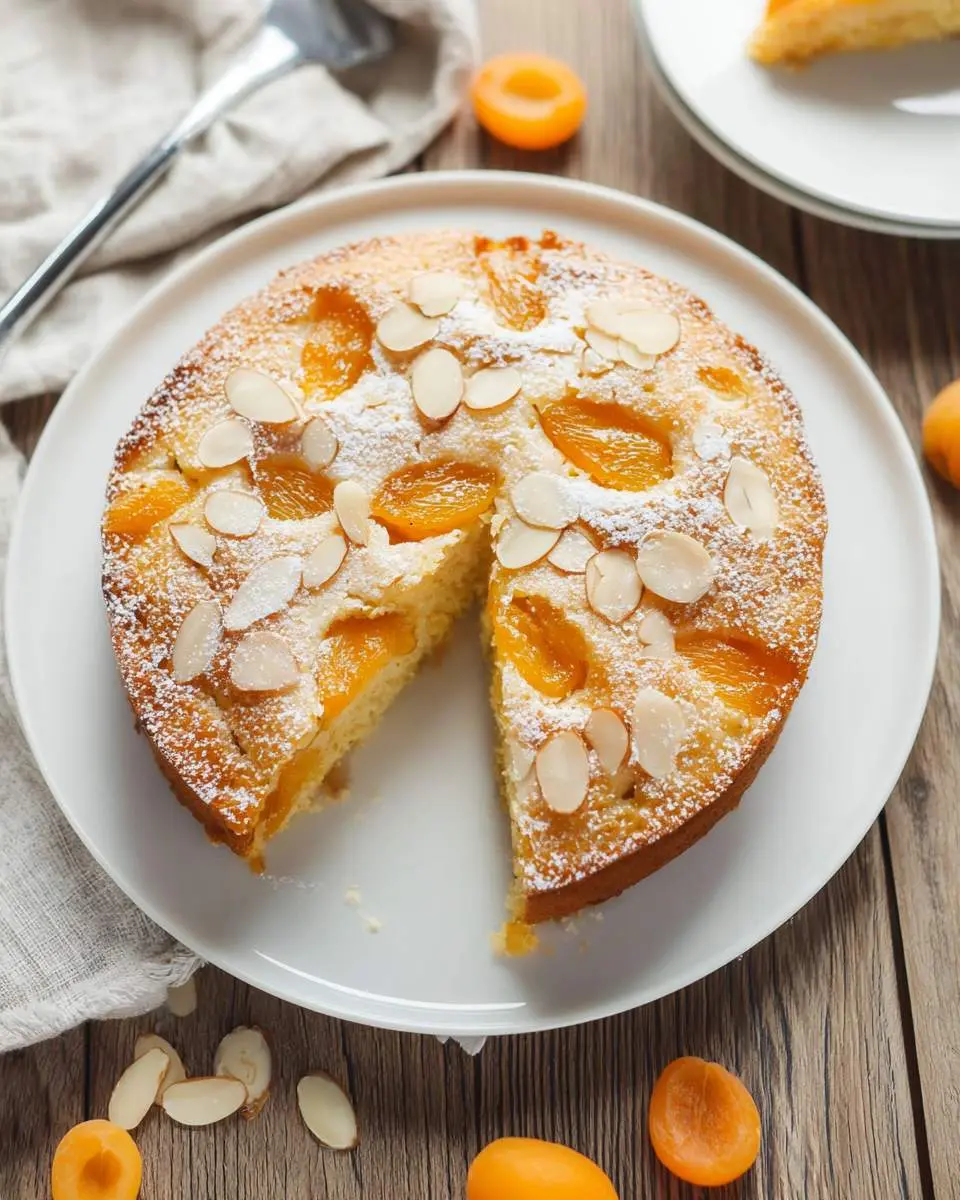 A round Apricot Almond Cake on a white plate with one slice removed, topped with sliced almonds and powdered sugar.