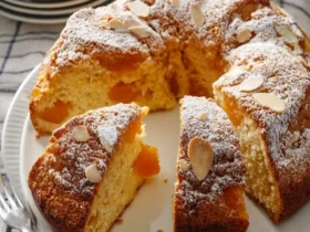 Sliced Apricot Almond Coffee Cake topped with powdered sugar and sliced almonds on a white plate.