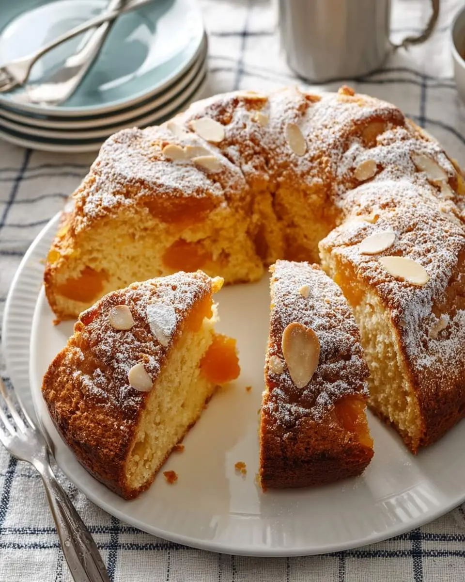 Sliced Apricot Almond Coffee Cake topped with powdered sugar and sliced almonds on a white plate.