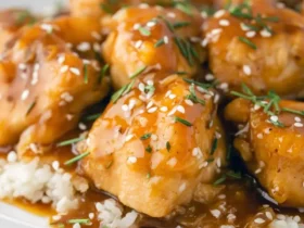 Apricot Chicken pieces glazed with shiny sauce served over white rice, garnished with sesame seeds and chives.