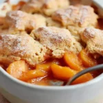 Warm Apricot Cobbler in a white baking dish with golden biscuit topping dusted with sugar and sliced apricots in syrup.
