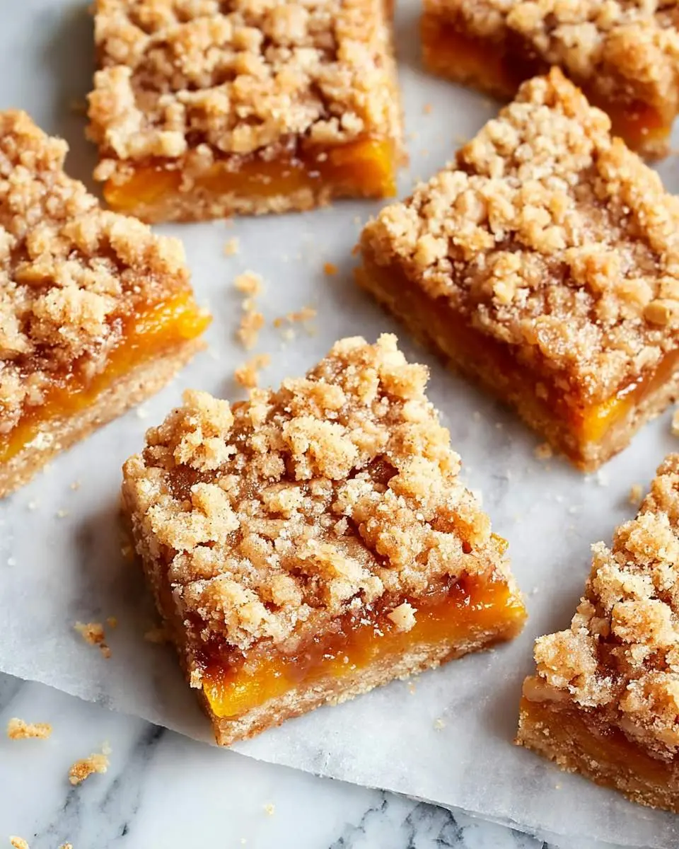 Square Apricot Crisp Bars with crumbly topping and golden fruit filling arranged on parchment paper.