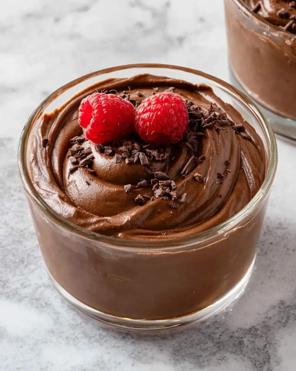 Spoon dipping into a glass of smooth chocolate mousse with whipped cream on top
