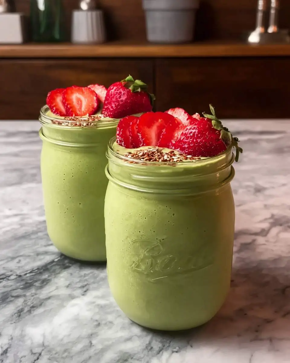 creamy avocado strawberry smoothie ingredients arranged on a kitchen counter