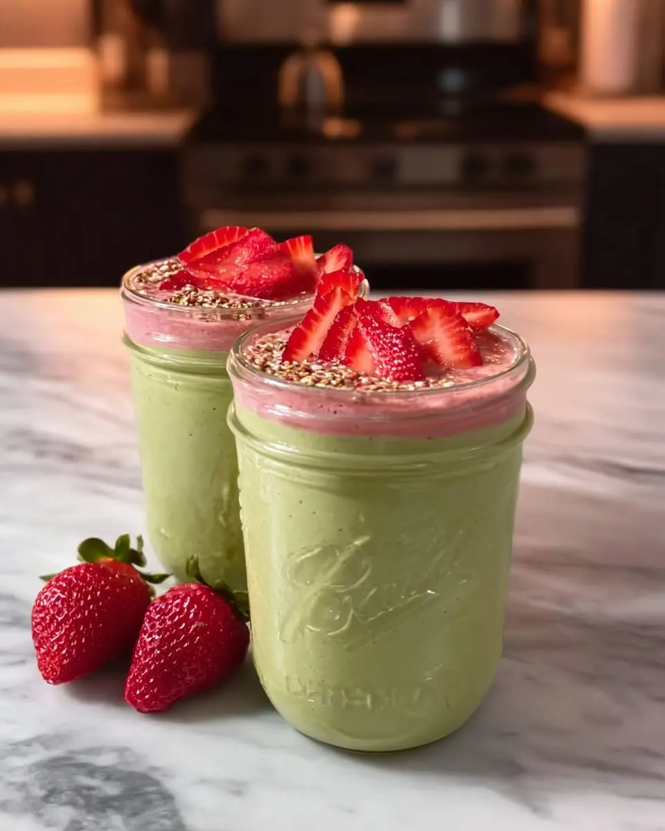 Two mason jars filled with layered avocado strawberry smoothie topped with fresh strawberry slices and chia seeds on a marble countertop.