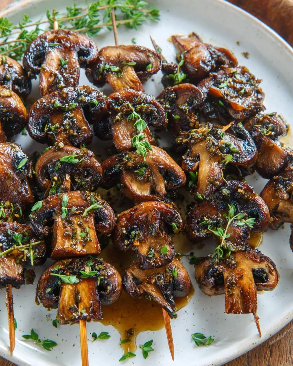 Balsamic Garlic Mushroom Skewers 28 Grilled Balsamic Garlic Mushroom Skewers on a white plate garnished with fresh thyme.