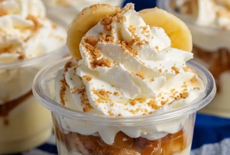 Banana Pudding Cups layered with creamy custard, vanilla wafers, caramel, whipped cream, and fresh banana slices.