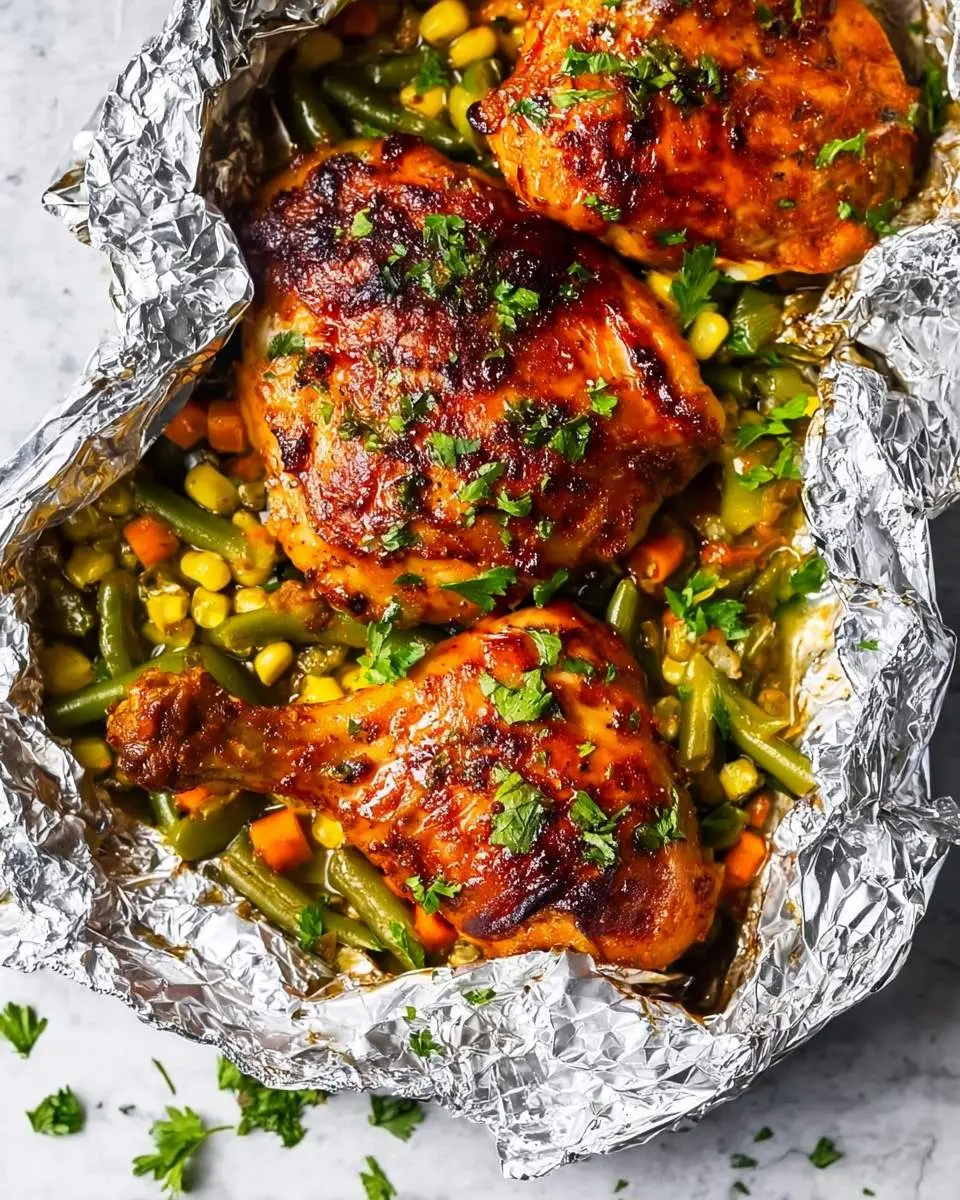 Bbq Chicken Foil Packets with roasted chicken thighs, green beans, corn, and carrots wrapped in aluminum foil.