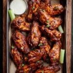 A tray of glazed Bbq Chicken Wings served with celery sticks and ranch dipping sauce, garnished with fresh herbs.