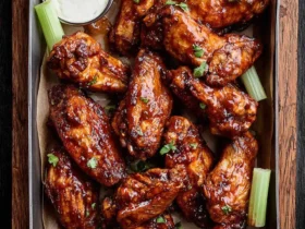 A tray of glazed Bbq Chicken Wings served with celery sticks and ranch dipping sauce, garnished with fresh herbs.