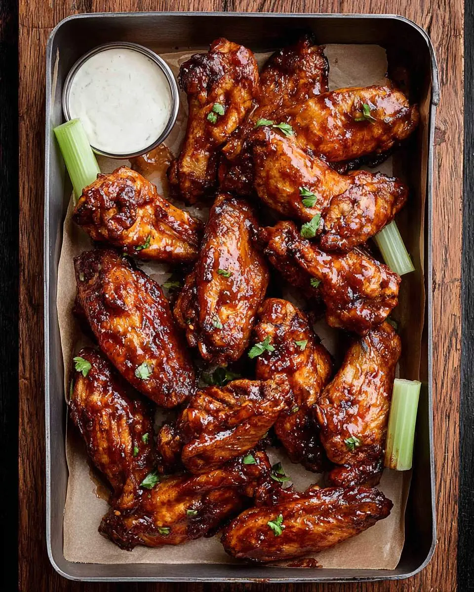 A tray of glazed Bbq Chicken Wings served with celery sticks and ranch dipping sauce, garnished with fresh herbs.