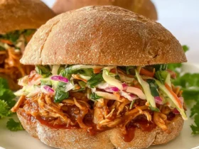 BBQ Jackfruit Sandwich topped with colorful coleslaw on a toasted bun, served on a white plate.