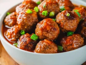 BBQ Meatballs Crockpot 50 A white bowl filled with glazed BBQ Meatballs Crockpot style, topped with fresh green onions on a wooden surface.