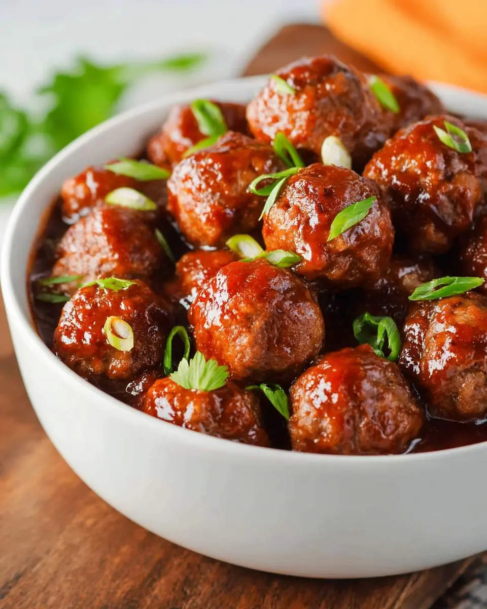 BBQ Meatballs Crockpot 26 meatballs coated in glossy barbecue sauce arranged in a white serving dish