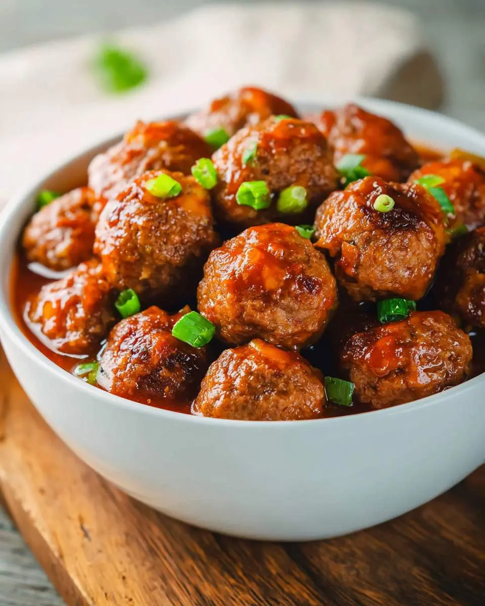 BBQ Meatballs Crockpot 28 A white bowl filled with glazed BBQ Meatballs Crockpot style, topped with fresh green onions on a wooden surface.
