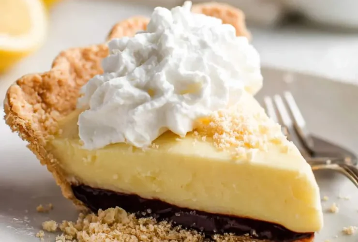 A slice of creamy Beach Pie topped with whipped cream, featuring a graham cracker crust and dark berry layer.