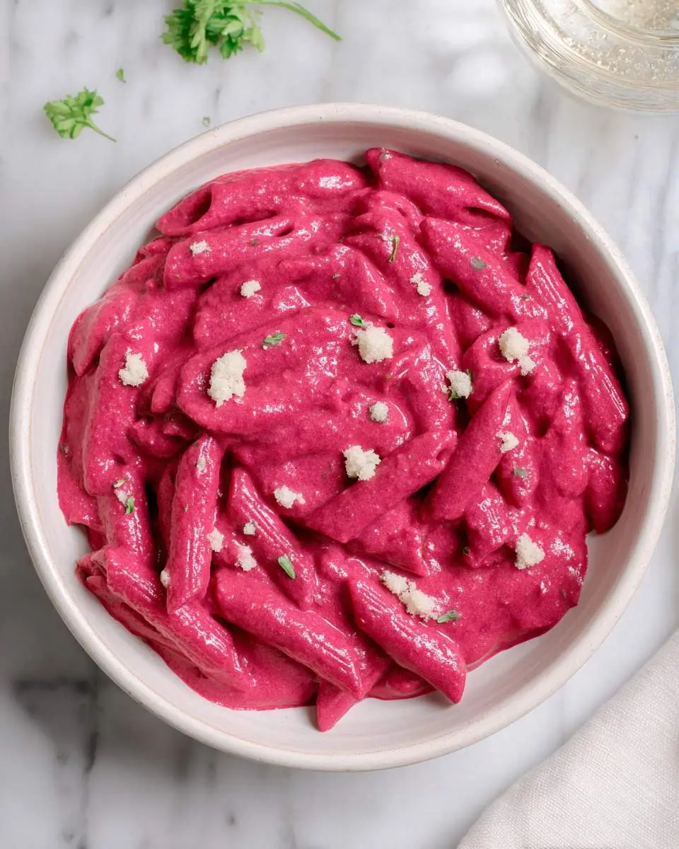 A bowl of penne pasta coated in creamy vibrant pink Beetroot Pasta Sauce, topped with cheese and herbs.