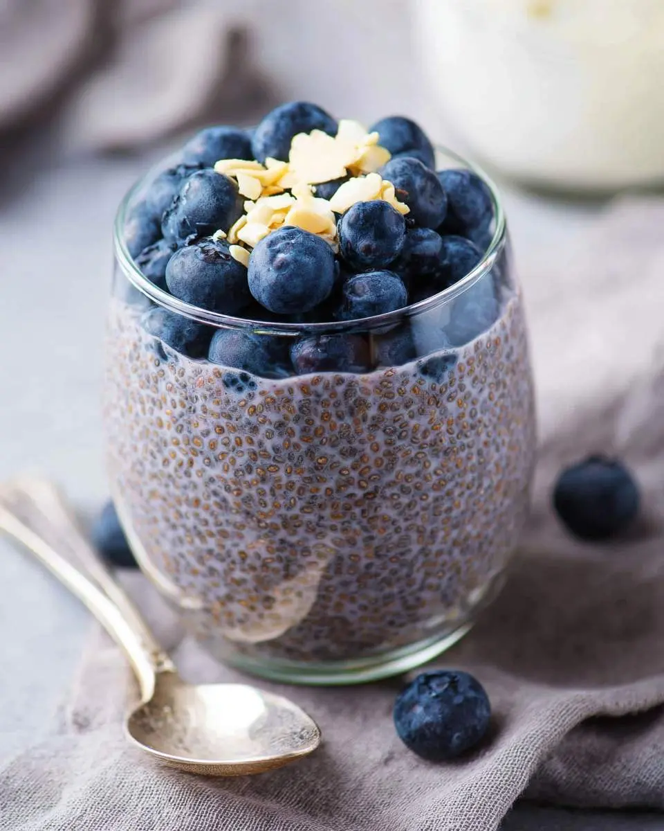 Blueberry Chia Seed Pudding in a glass jar topped with fresh blueberries and almond slices.