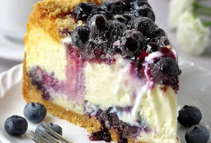 A slice of Blueberry Cream Cheese Cake with graham cracker crust, topped with fresh blueberries and berry sauce on a white plate.