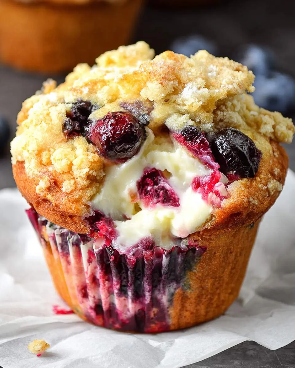 A freshly baked Blueberry Cream Cheese Muffin with golden streusel topping and creamy center.