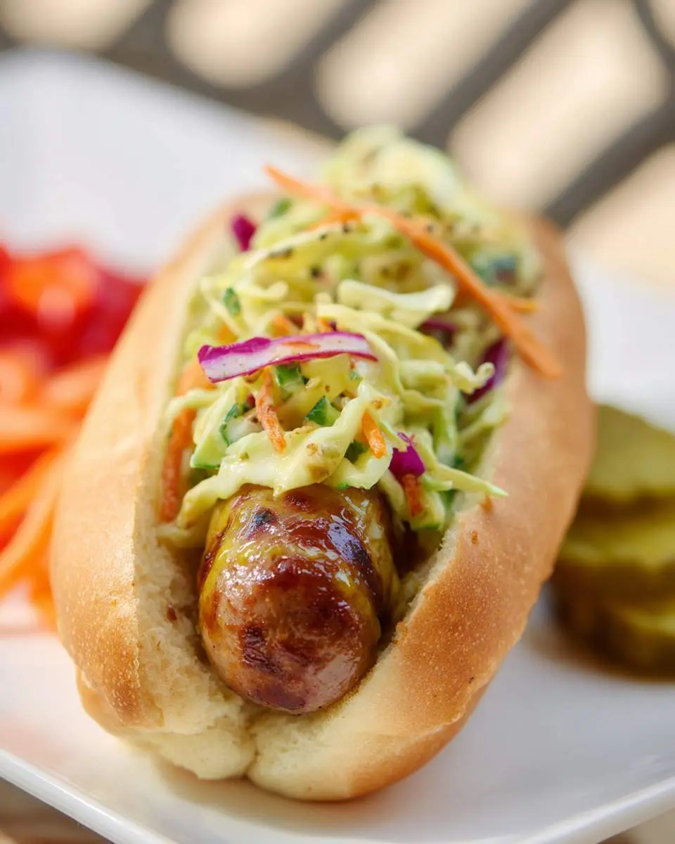 Grilled bratwurst in a bun topped with colorful honey dijon broccoli slaw on a white plate.