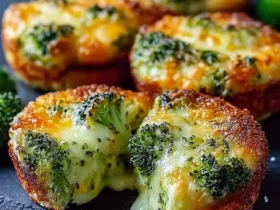 Golden crispy Broccoli Cheese Rounds with melted cheese oozing from the center, displayed on a dark slate surface.