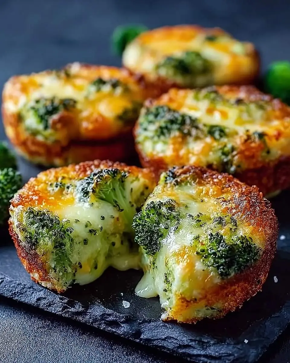 Broccoli Cheese Rounds 28 Golden crispy Broccoli Cheese Rounds with melted cheese oozing from the center, displayed on a dark slate surface.