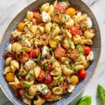 A colorful bruschetta pasta salad with shell pasta, cherry tomatoes, fresh mozzarella, and basil in a striped bowl.