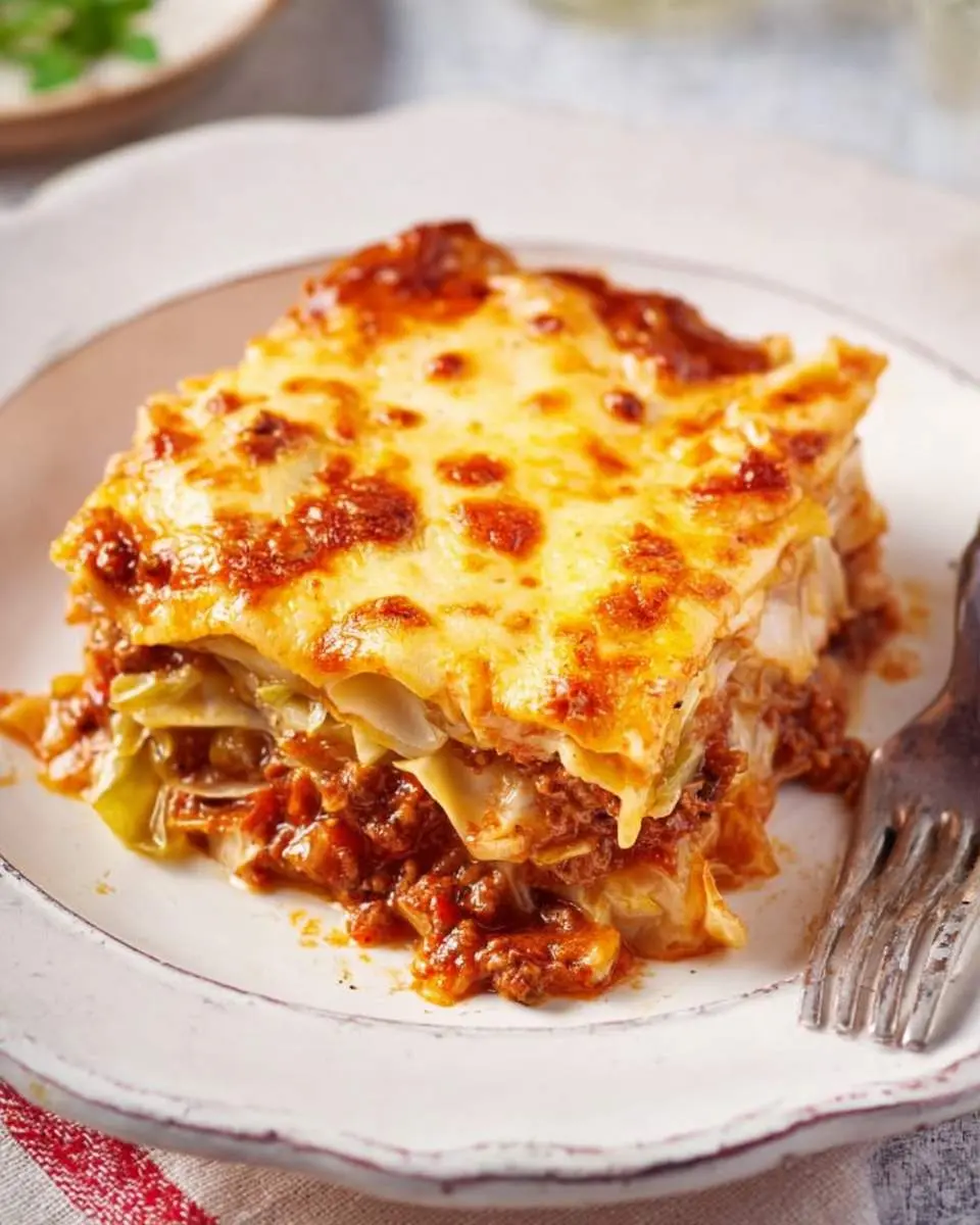 A slice of golden-brown Cabbage Lasagna on a white plate, showing layers of cabbage, meat sauce, and melted cheese.